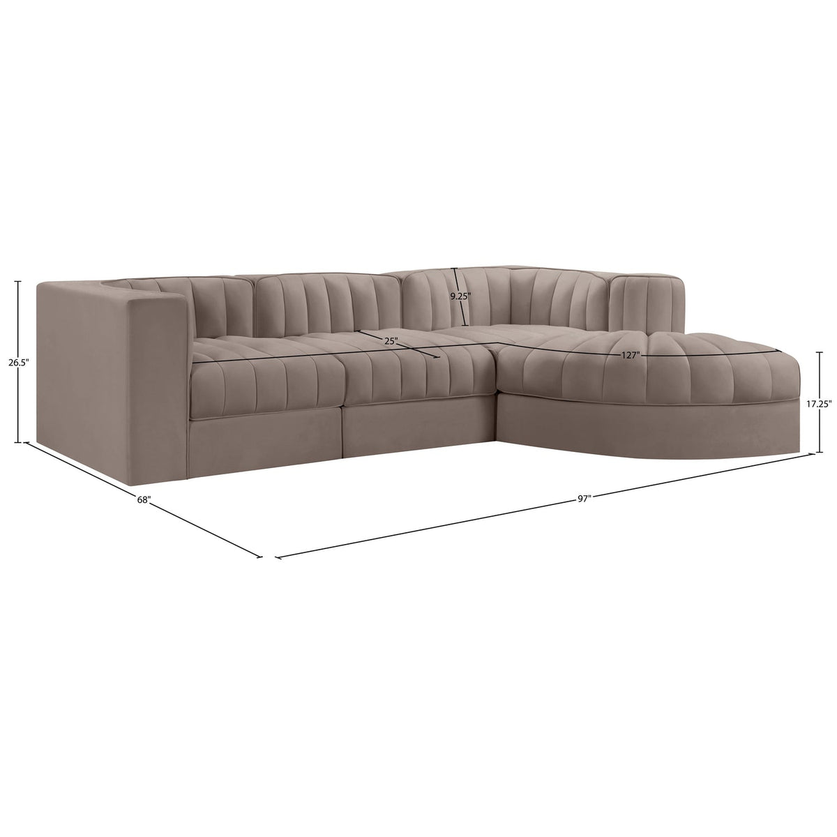 Rummi Taupe Velvet Performance Fabric Upholstered 4 Piece Modular Sectional Sofa