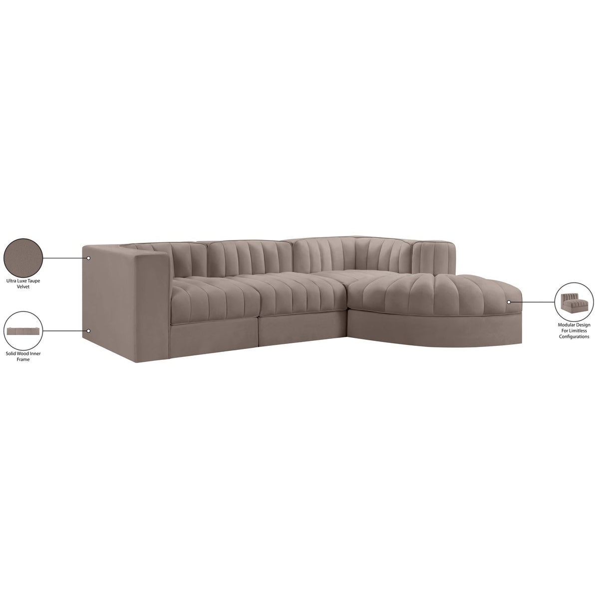 Rummi Taupe Velvet Performance Fabric Upholstered 4 Piece Modular Sectional Sofa