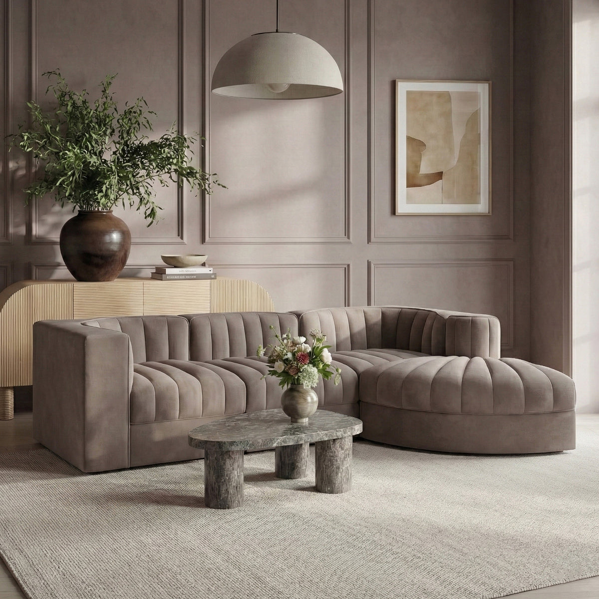 Rummi Taupe Velvet Performance Fabric Upholstered 4 Piece Modular Sectional Sofa
