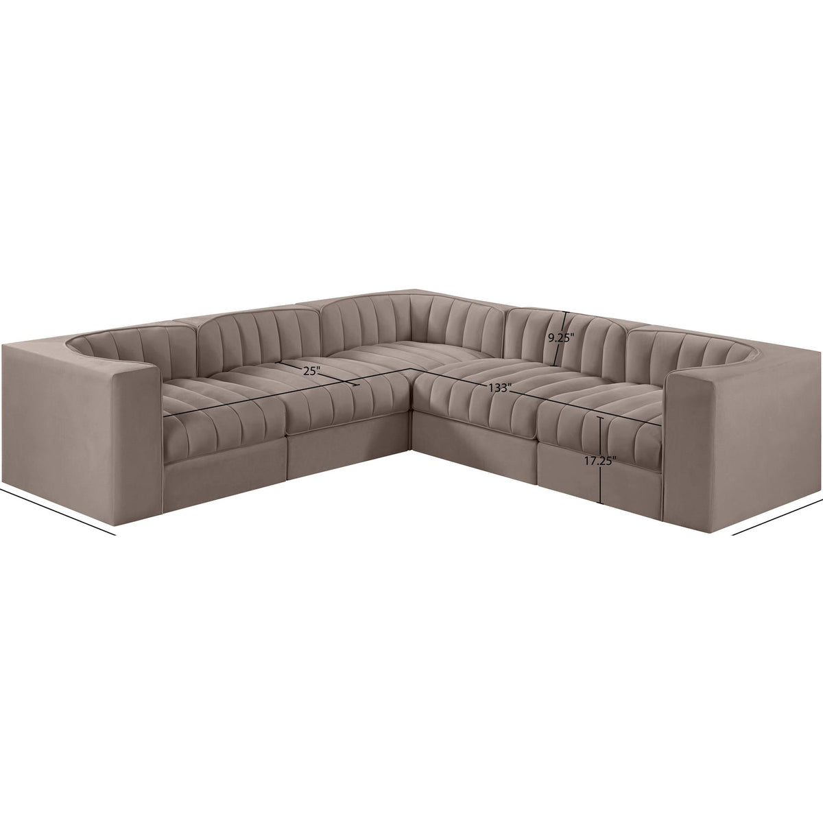 Rummi Taupe Velvet Performance Fabric Upholstered 5 Piece Modular Sectional Sofa