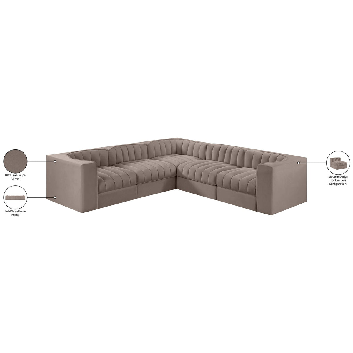 Rummi Taupe Velvet Performance Fabric Upholstered 5 Piece Modular Sectional Sofa