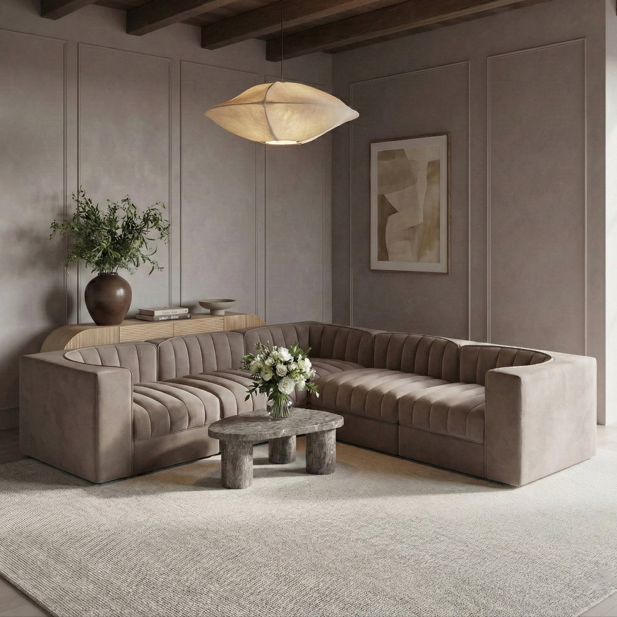 Rummi Taupe Velvet Performance Fabric Upholstered 5 Piece Modular Sectional Sofa