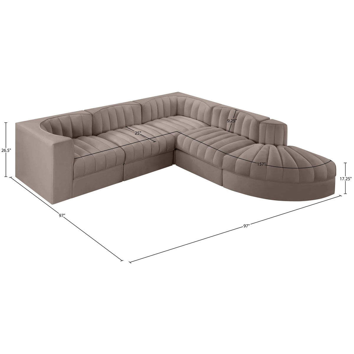 Rummi Taupe Velvet Performance Fabric Upholstered 5 Piece Modular Sectional Sofa