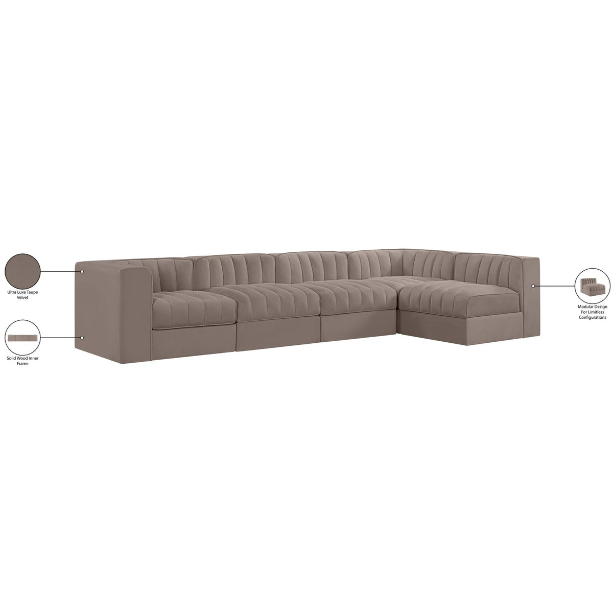 Rummi Taupe Velvet Performance Fabric Upholstered 5 Piece Modular Sectional Sofa