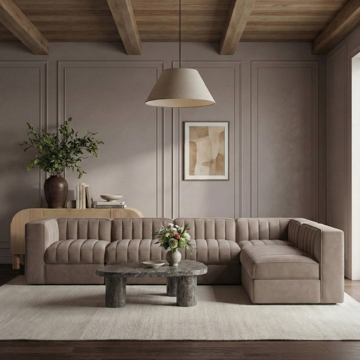 Rummi Taupe Velvet Performance Fabric Upholstered 6 Piece Modular Sectional Sofa