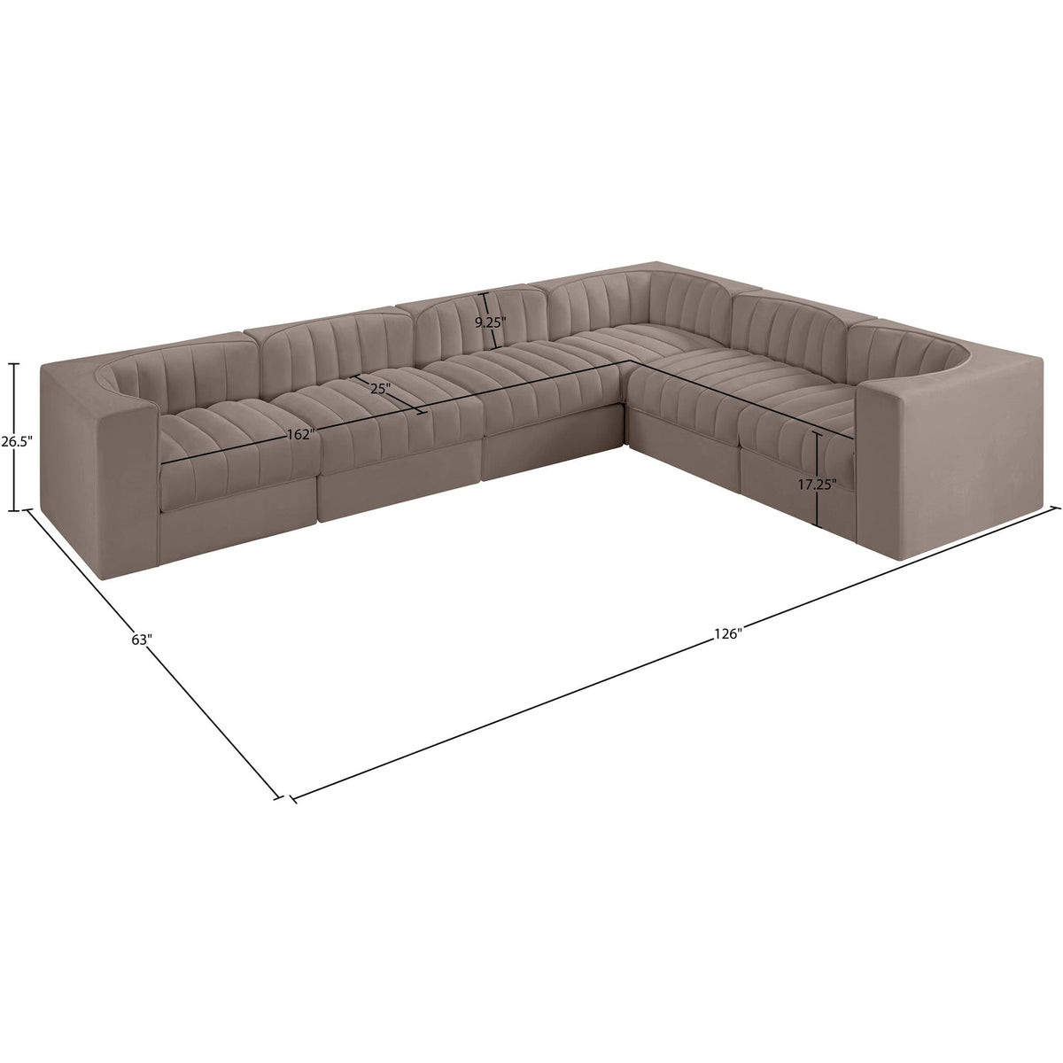 Rummi Taupe Velvet Performance Fabric Upholstered 6 Piece Modular Sectional Sofa