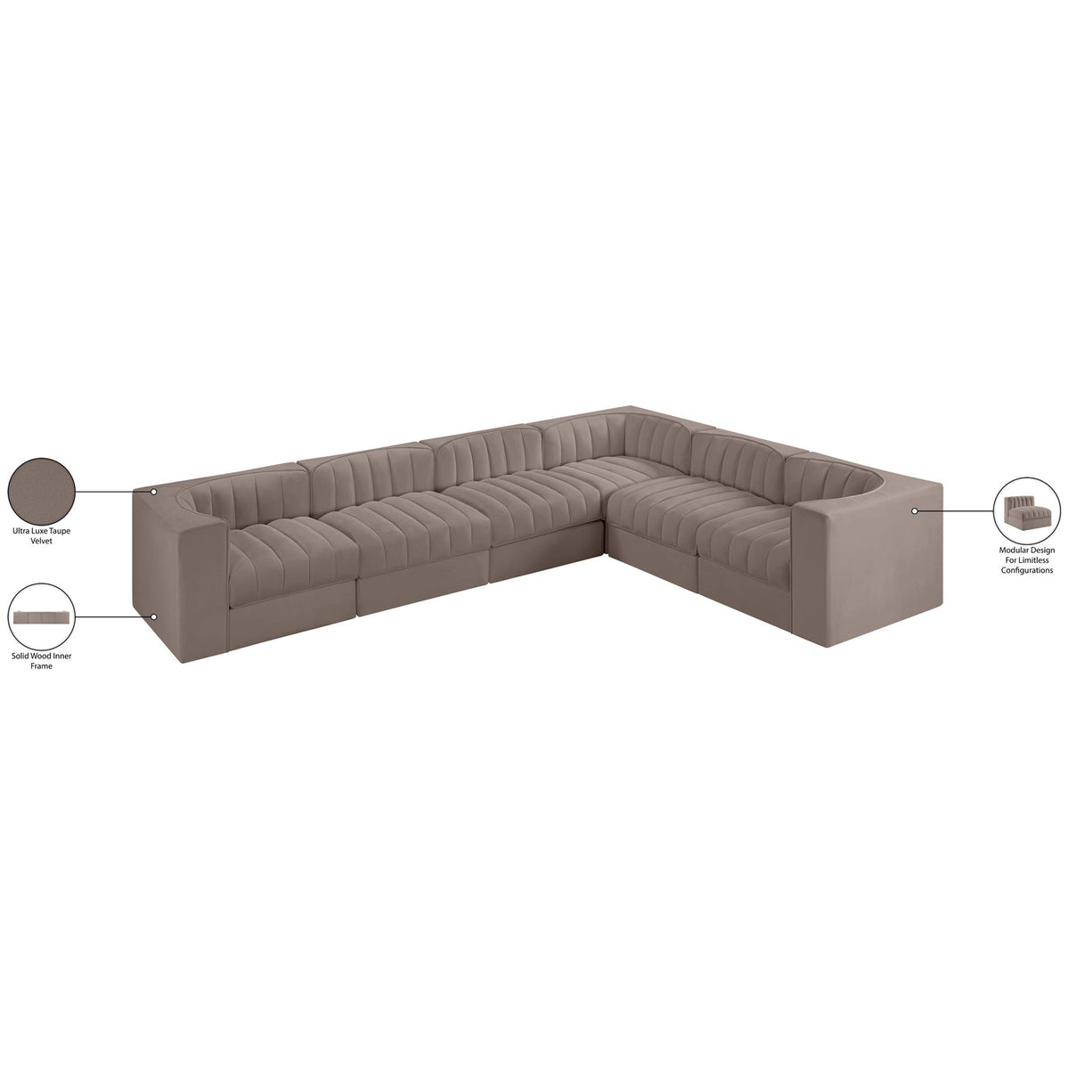 Rummi Taupe Velvet Performance Fabric Upholstered 6 Piece Modular Sectional Sofa