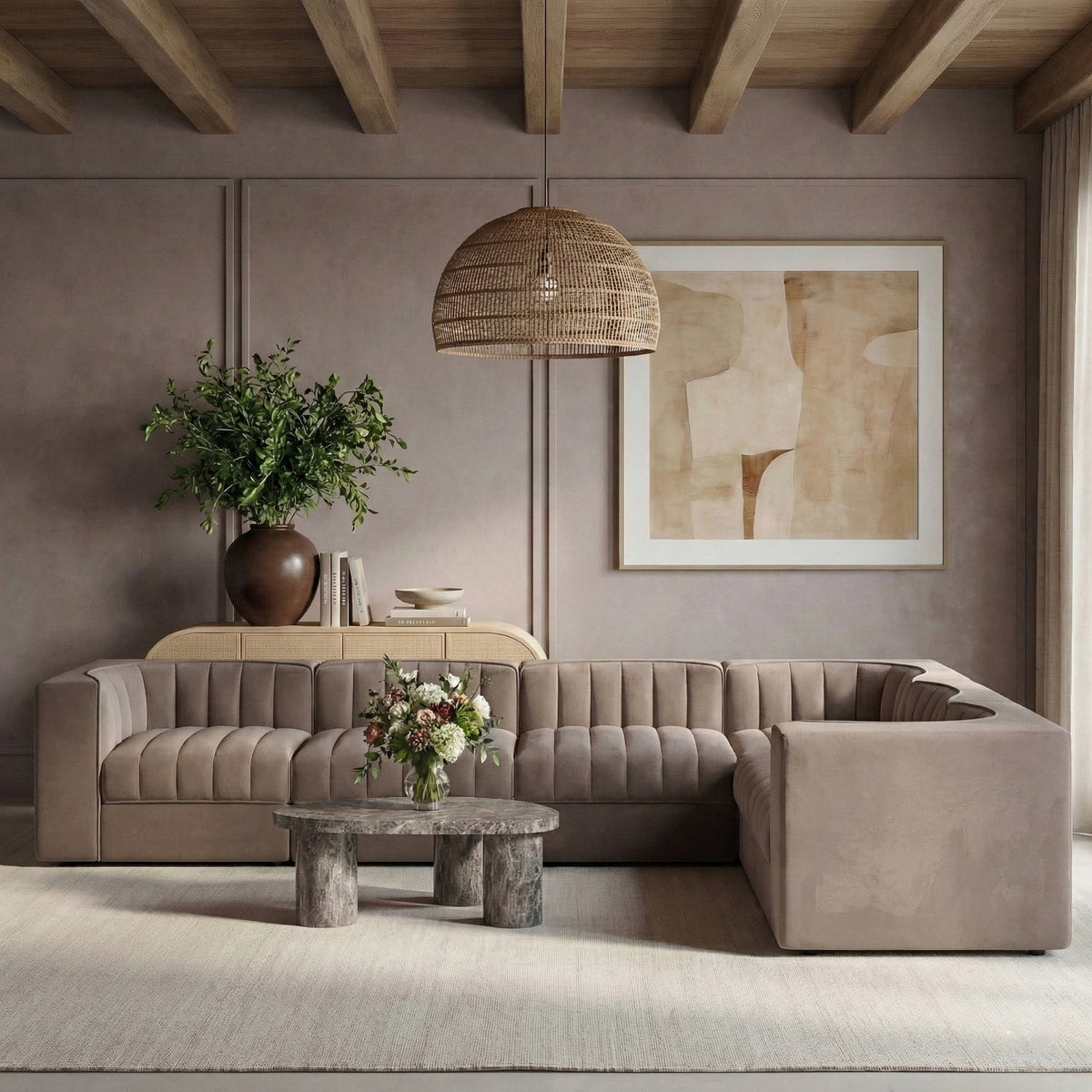 Rummi Taupe Velvet Performance Fabric Upholstered 6 Piece Modular Sectional Sofa