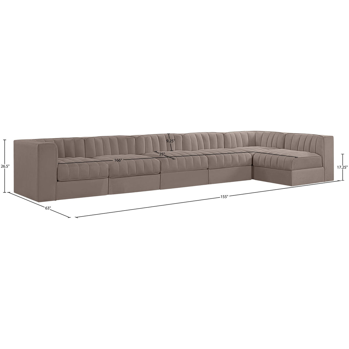 Rummi Taupe Velvet Performance Fabric Upholstered 6 Piece Modular Sectional Sofa