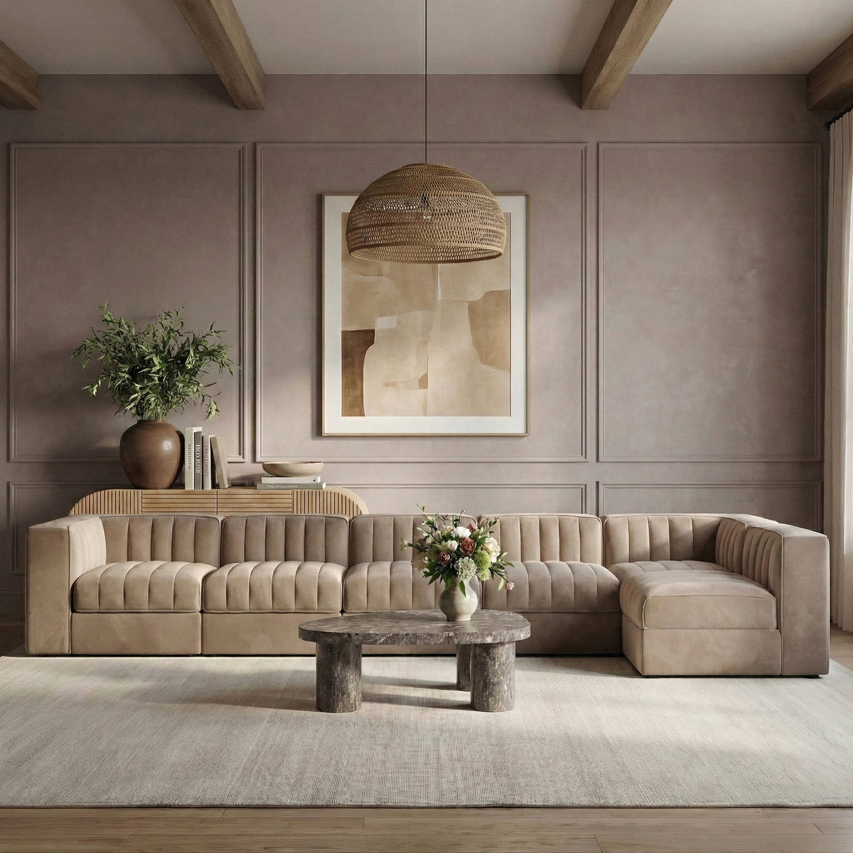 Rummi Taupe Velvet Performance Fabric Upholstered 6 Piece Modular Sectional Sofa