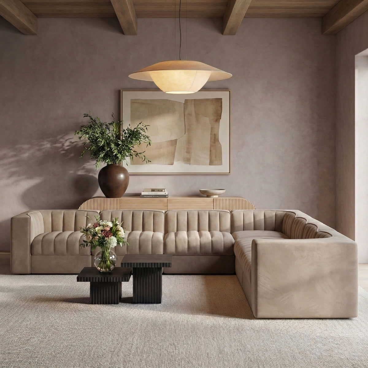 Rummi Taupe Velvet Performance Fabric Upholstered 7 Piece Modular Sectional Sofa