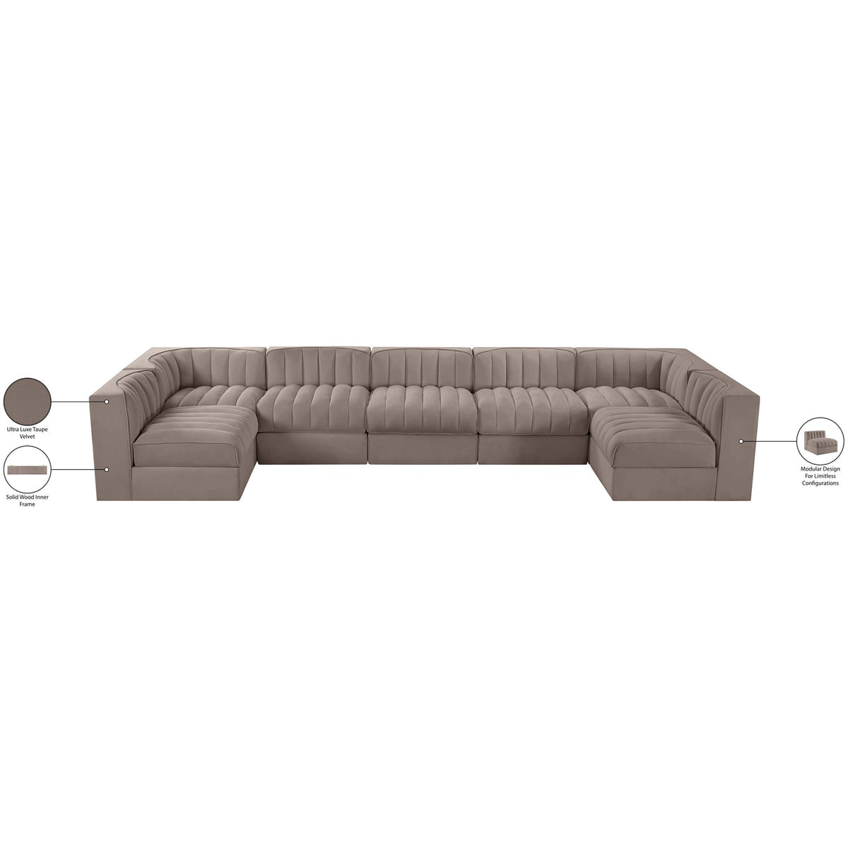 Rummi Taupe Velvet Performance Fabric Upholstered 7 Piece Modular Sectional Sofa