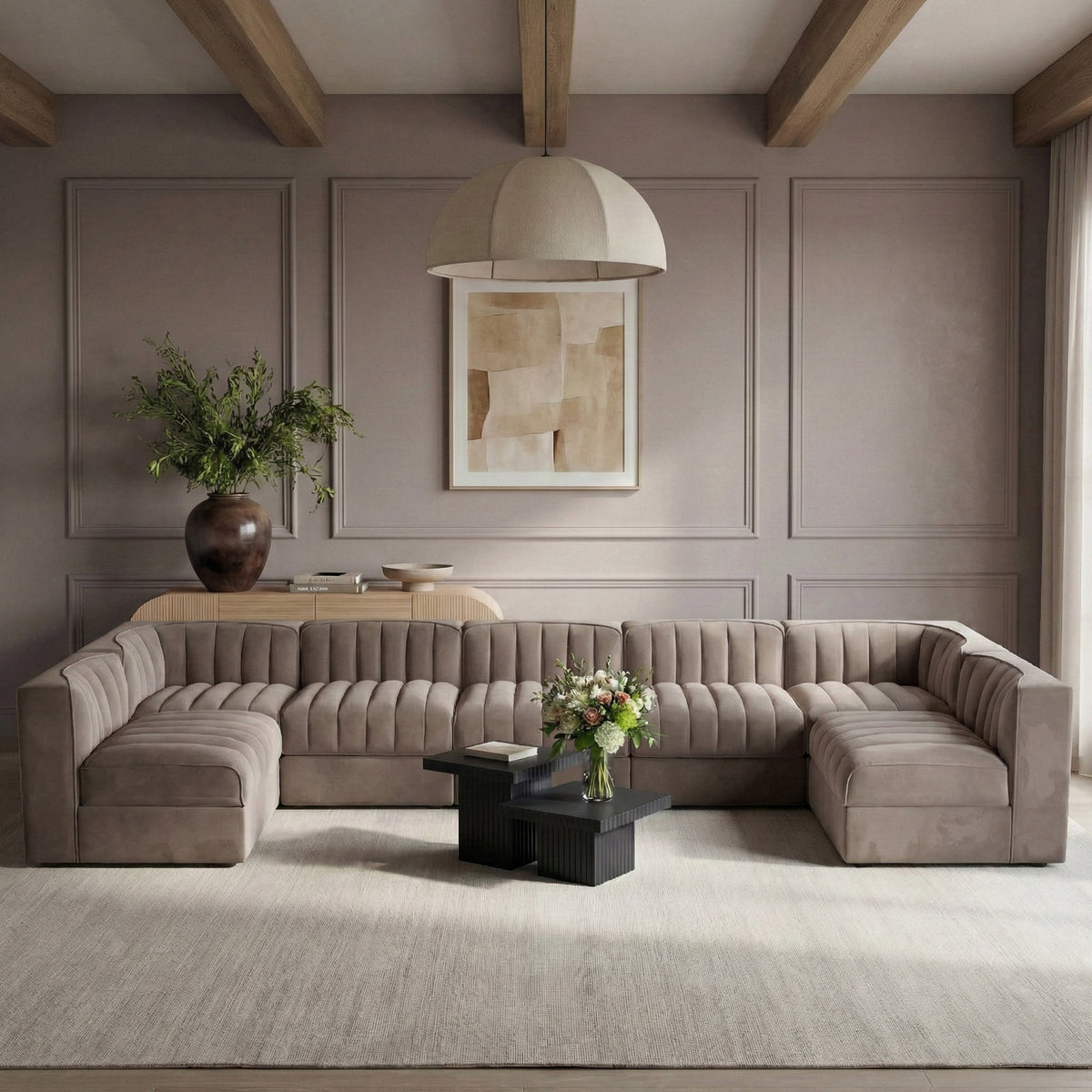 Rummi Taupe Velvet Performance Fabric Upholstered 7 Piece Modular Sectional Sofa