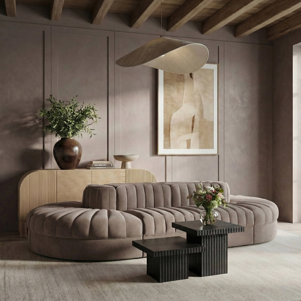 Rummi Taupe Velvet Performance Fabric Upholstered 8 Piece Modular Sectional Sofa