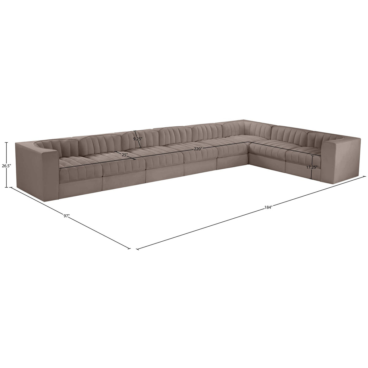 Rummi Taupe Velvet Performance Fabric Upholstered 8 Piece Modular Sectional Sofa