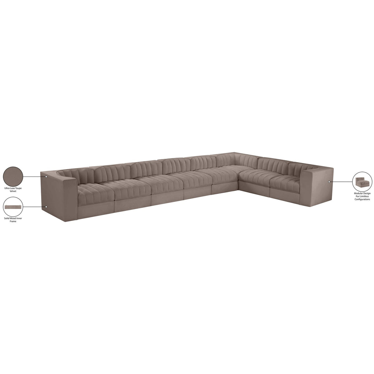 Rummi Taupe Velvet Performance Fabric Upholstered 8 Piece Modular Sectional Sofa