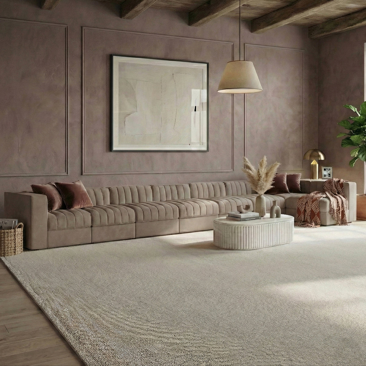 Rummi Taupe Velvet Performance Fabric Upholstered 8 Piece Modular Sectional Sofa