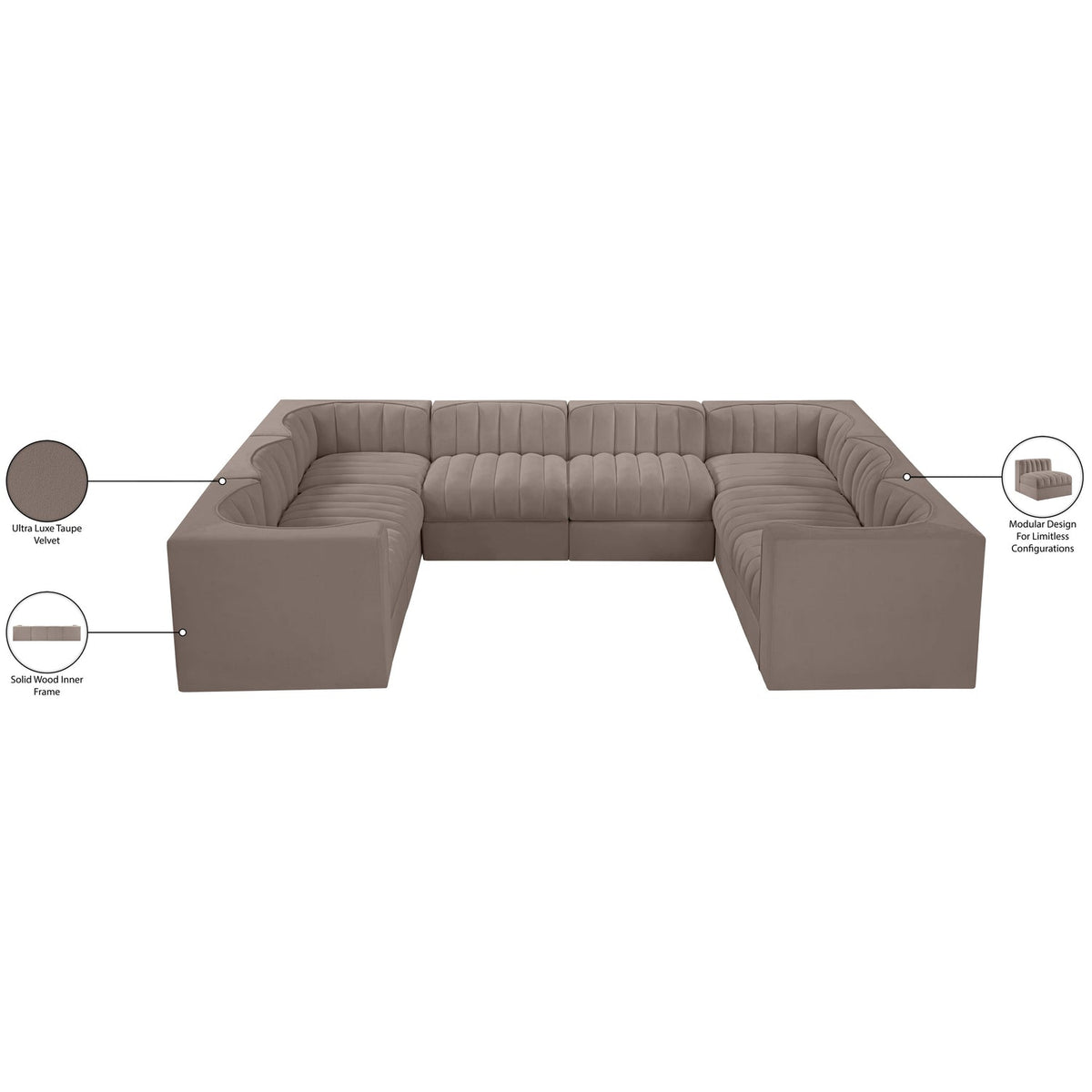 Rummi Taupe Velvet Performance Fabric Upholstered Modular Sectional Sofa