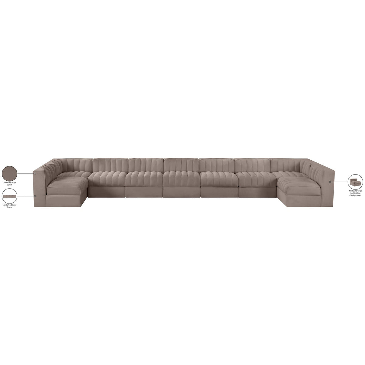 Rummi Taupe Velvet Performance Fabric Upholstered 9 Piece Modular Sectional Sofa