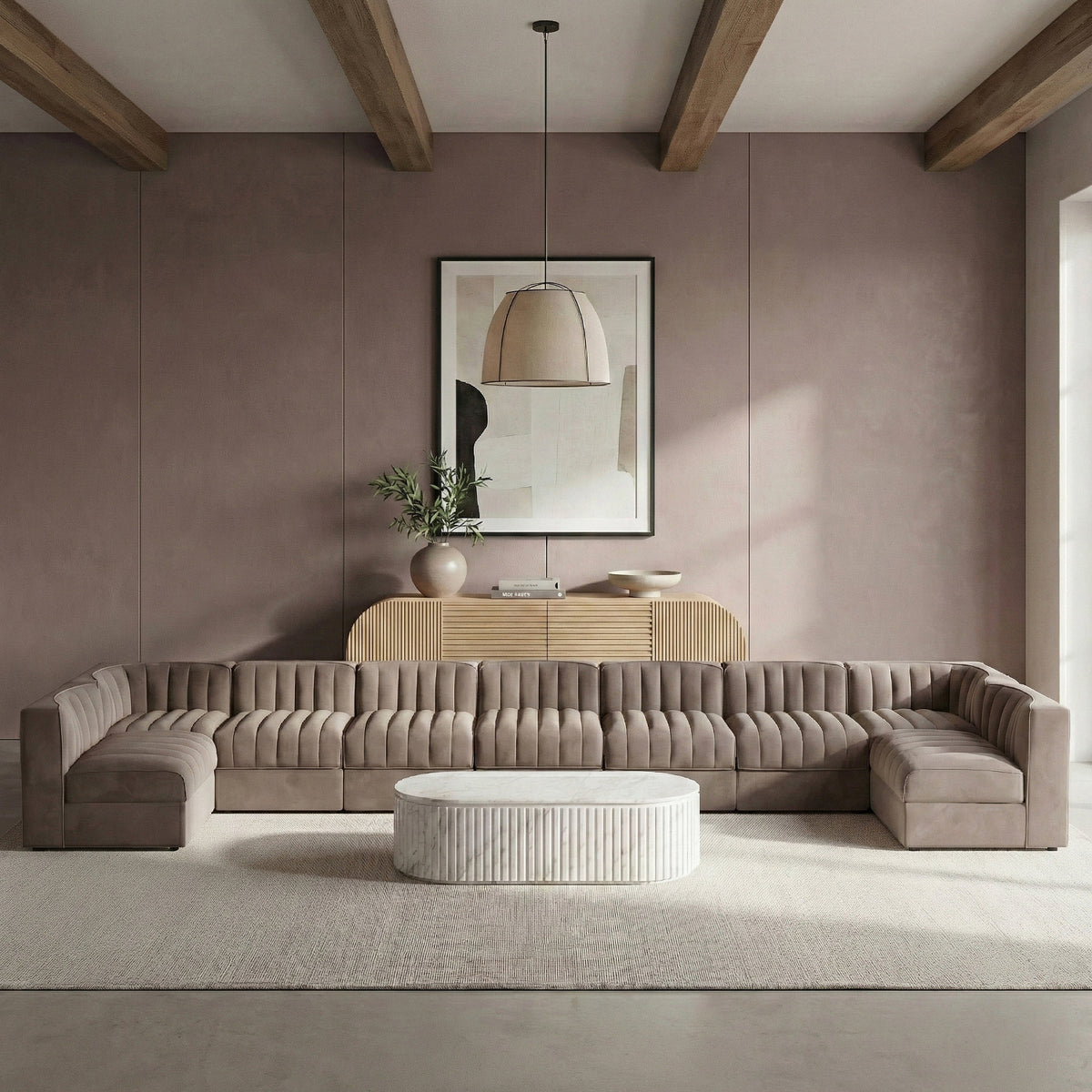 Rummi Taupe Velvet Performance Fabric Upholstered 9 Piece Modular Sectional Sofa