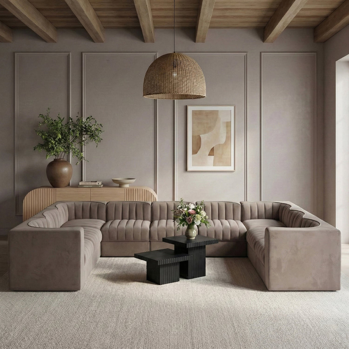 Rummi Taupe Velvet Performance Fabric Upholstered 9 Piece Modular Sectional Sofa
