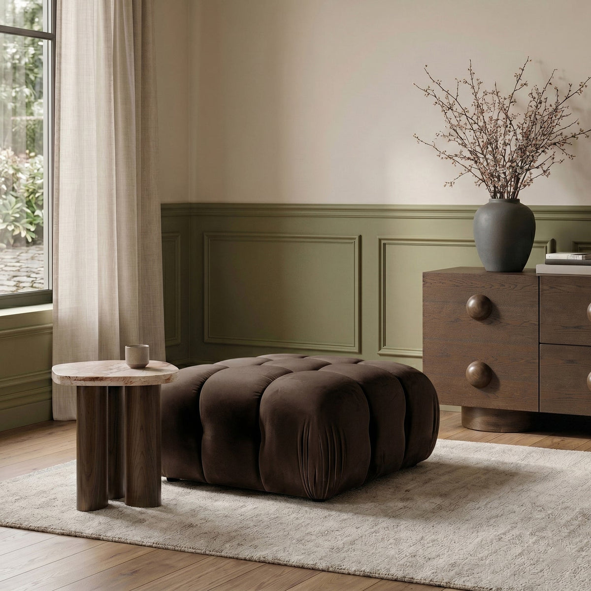 Orin Brown Velvet Performance Fabric Upholstered Modular Ottoman