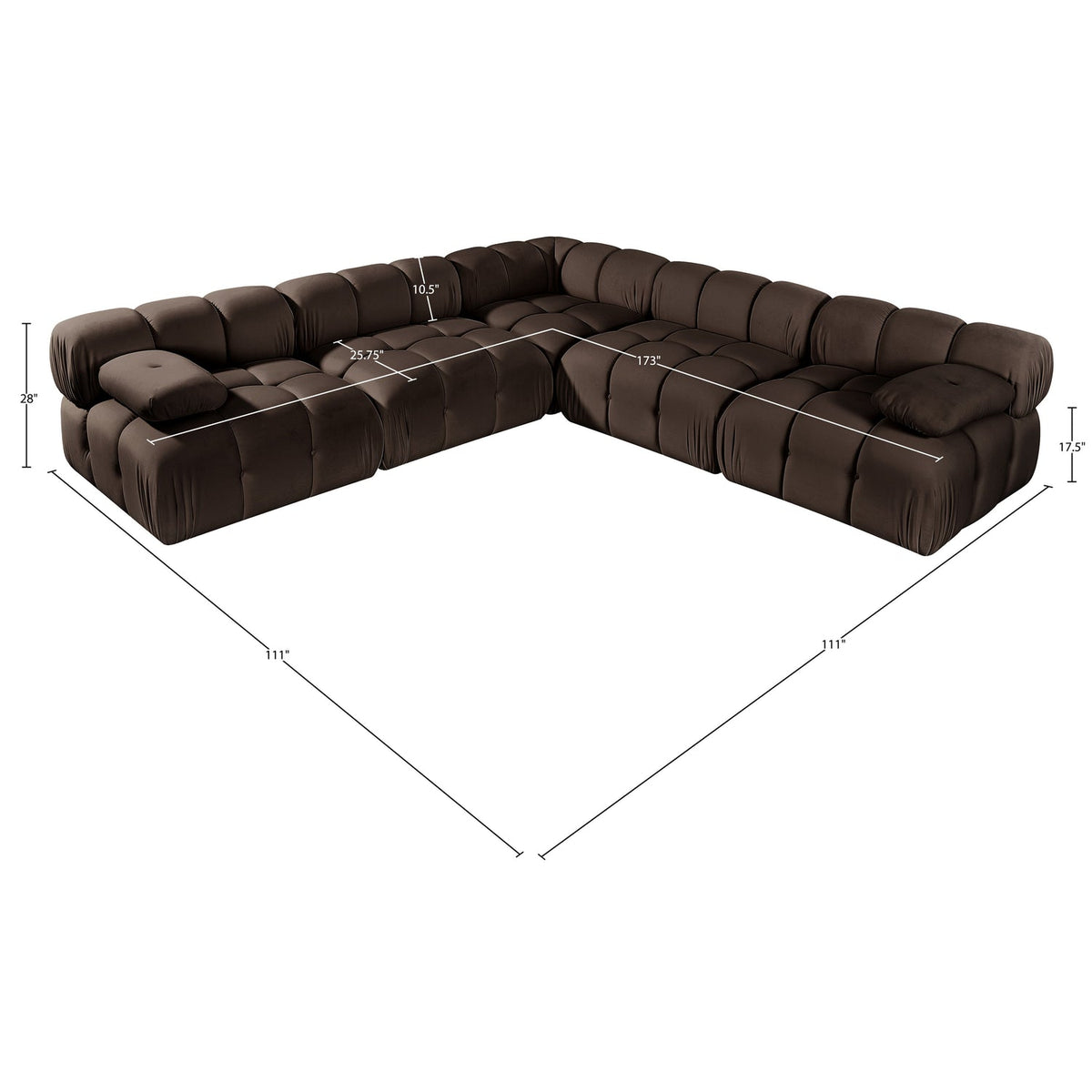 Orin Brown Velvet Performance Fabric Upholstered 5 Piece Modular Sectional Sofa