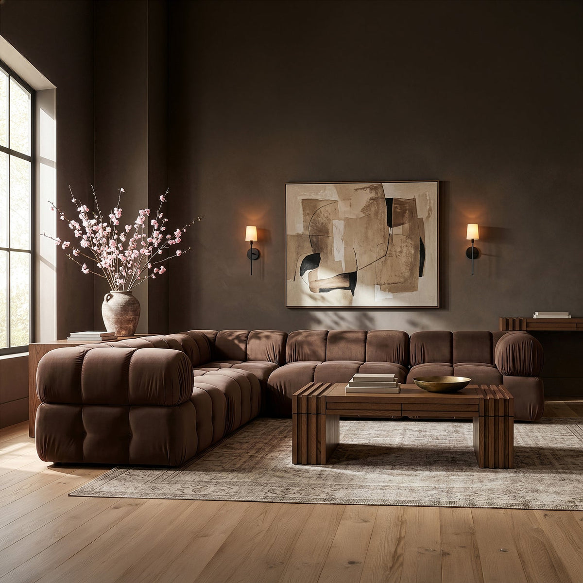 Orin Brown Velvet Performance Fabric Upholstered 5 Piece Modular Sectional Sofa