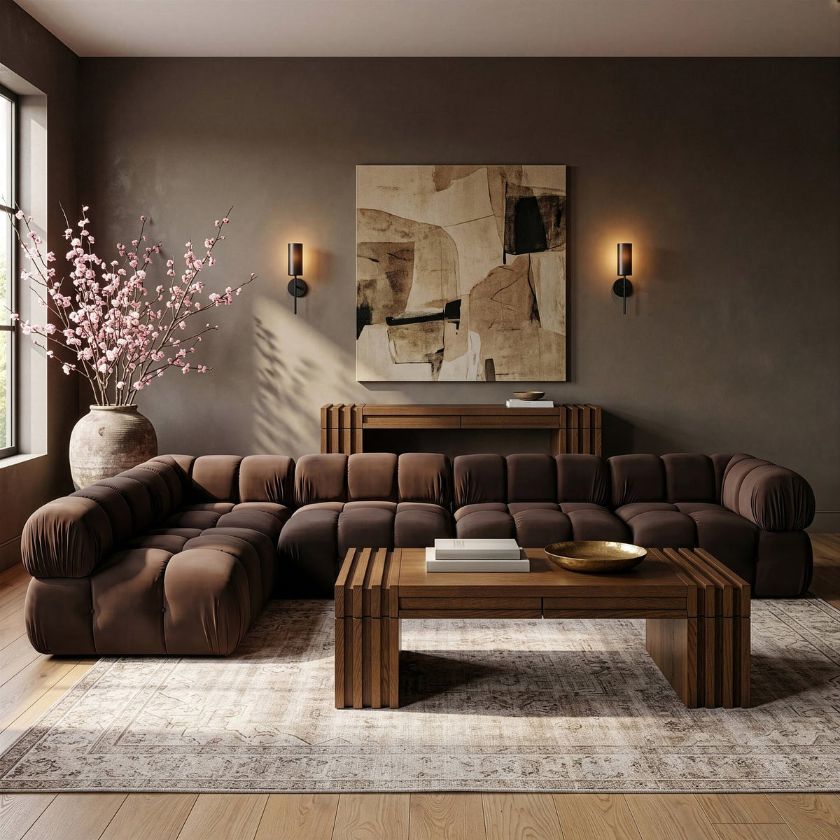 Orin Brown Velvet Performance Fabric Upholstered 5 Piece Modular Sectional Sofa