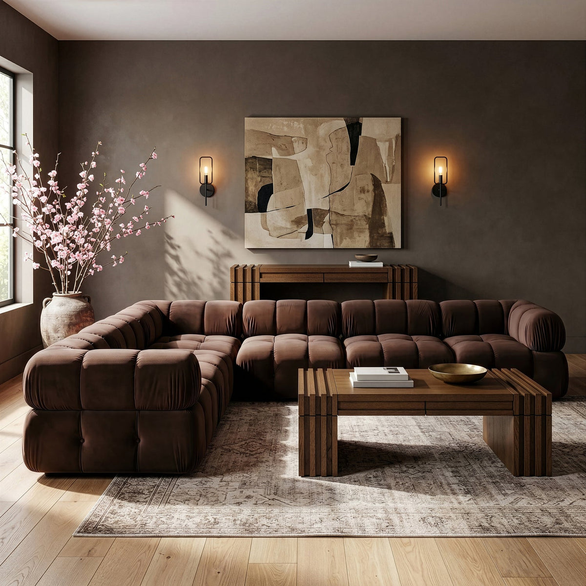 Orin Brown Velvet Performance Fabric Upholstered 6 Piece Modular Sectional Sofa