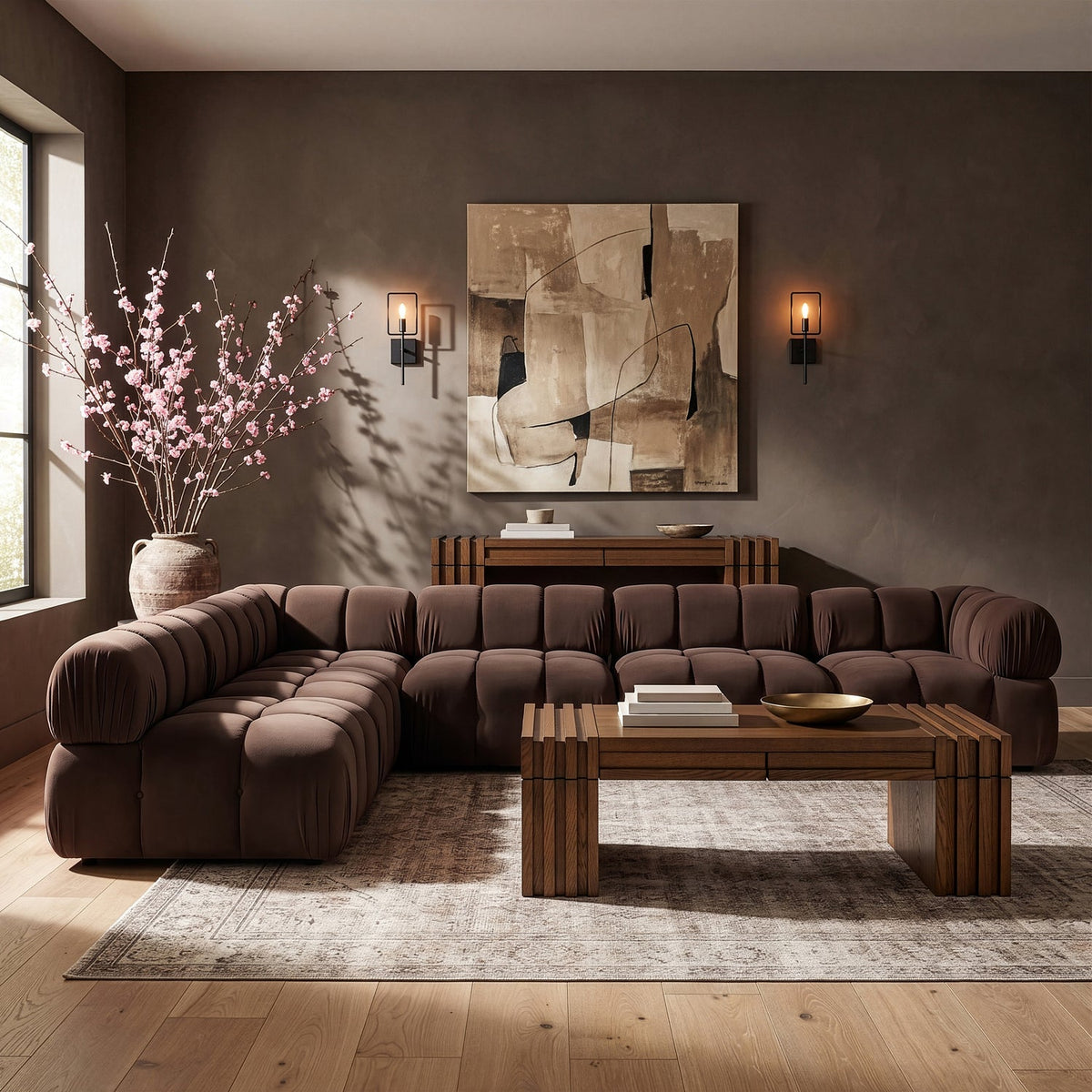 Orin Brown Velvet Performance Fabric Upholstered 6 Piece Modular Sectional Sofa