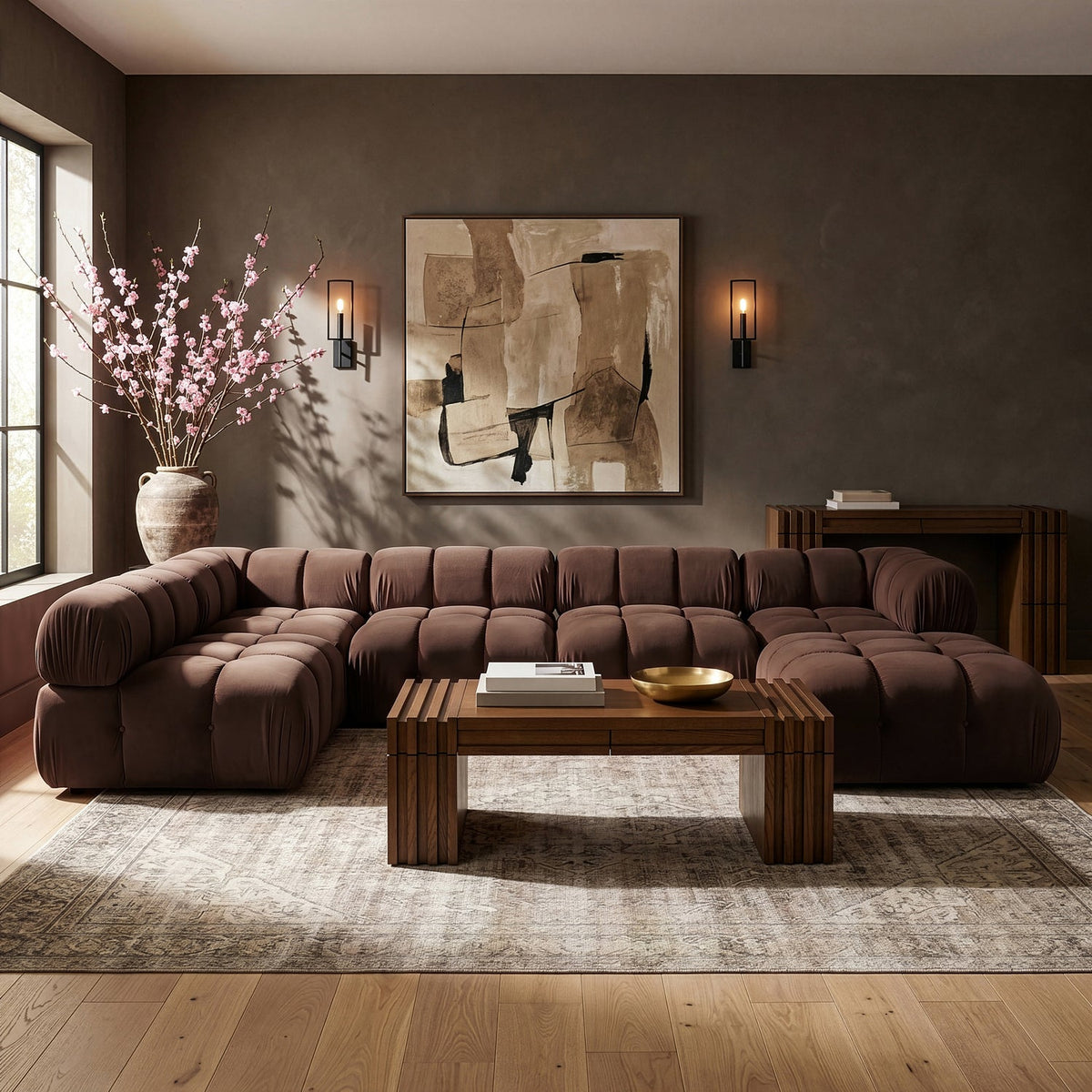 Orin Brown Velvet Performance Fabric Upholstered 6 Piece Modular Sectional Sofa