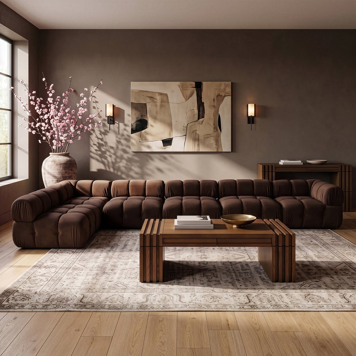 Orin Brown Velvet Performance Fabric Upholstered 6 Piece Modular Sectional Sofa