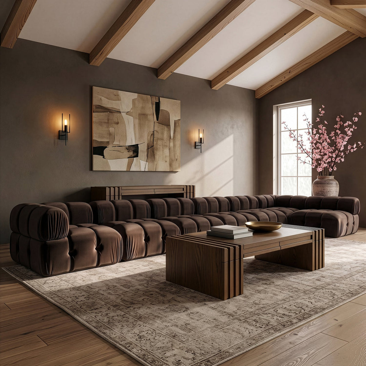 Orin Brown Velvet Performance Fabric Upholstered 7 Piece Modular Sectional Sofa