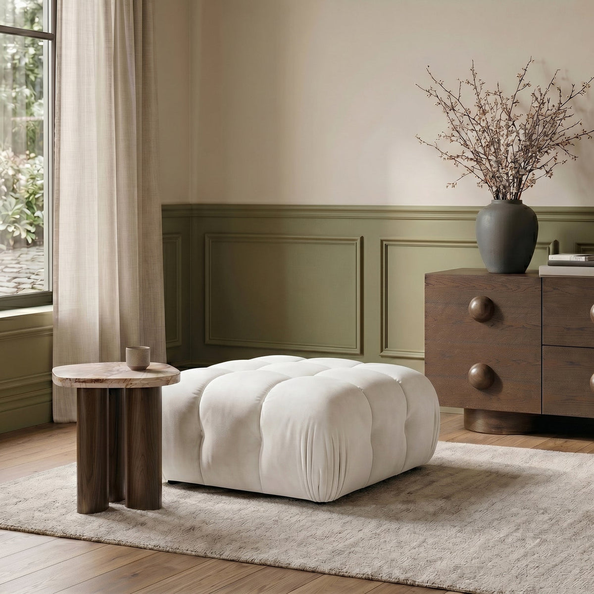 Orin Cream Velvet Performance Fabric Upholstered Modular Ottoman
