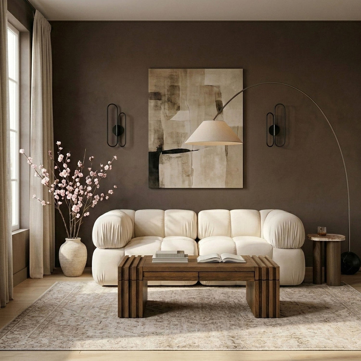 Orin Cream Velvet Performance Fabric Upholstered 2 Piece Modular Sofa
