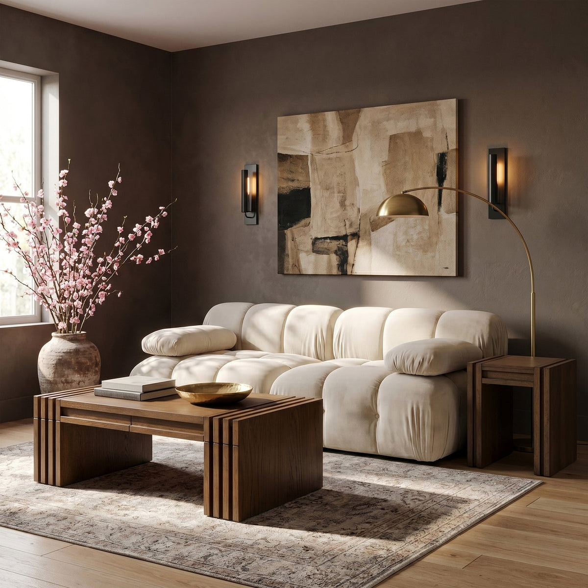 Orin Cream Velvet Performance Fabric Upholstered 2 Piece Modular Sofa
