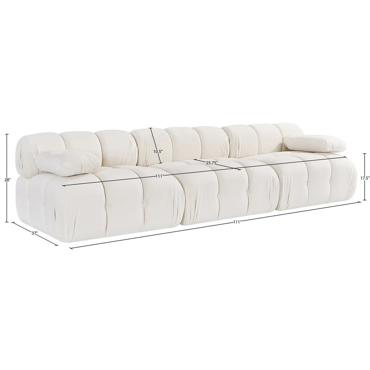 Orin Cream Velvet Performance Fabric Upholstered 3 Piece Modular Sofa