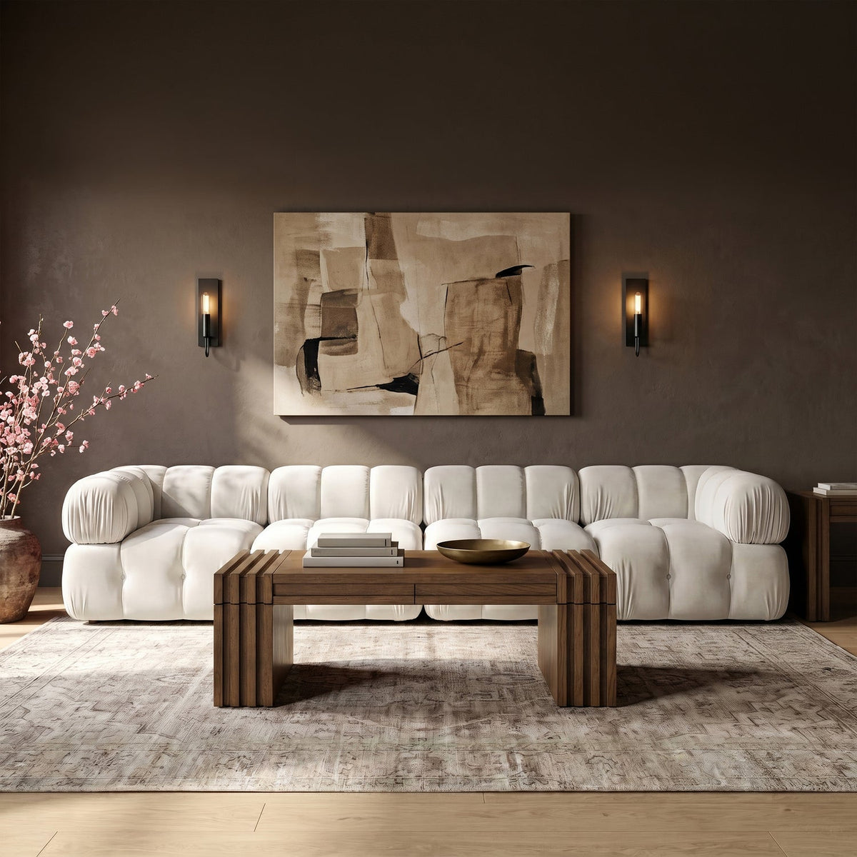 Orin Cream Velvet Performance Fabric Upholstered 4 Piece Modular Sofa