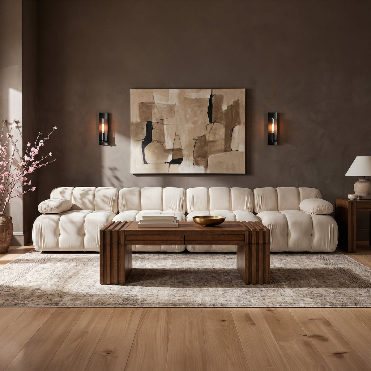 Orin Cream Velvet Performance Fabric Upholstered 4 Piece Modular Sofa
