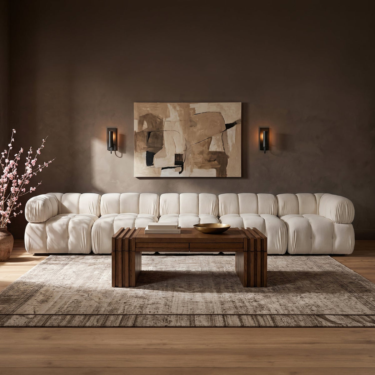 Orin Cream Velvet Performance Fabric Upholstered 5 Piece Modular Sofa