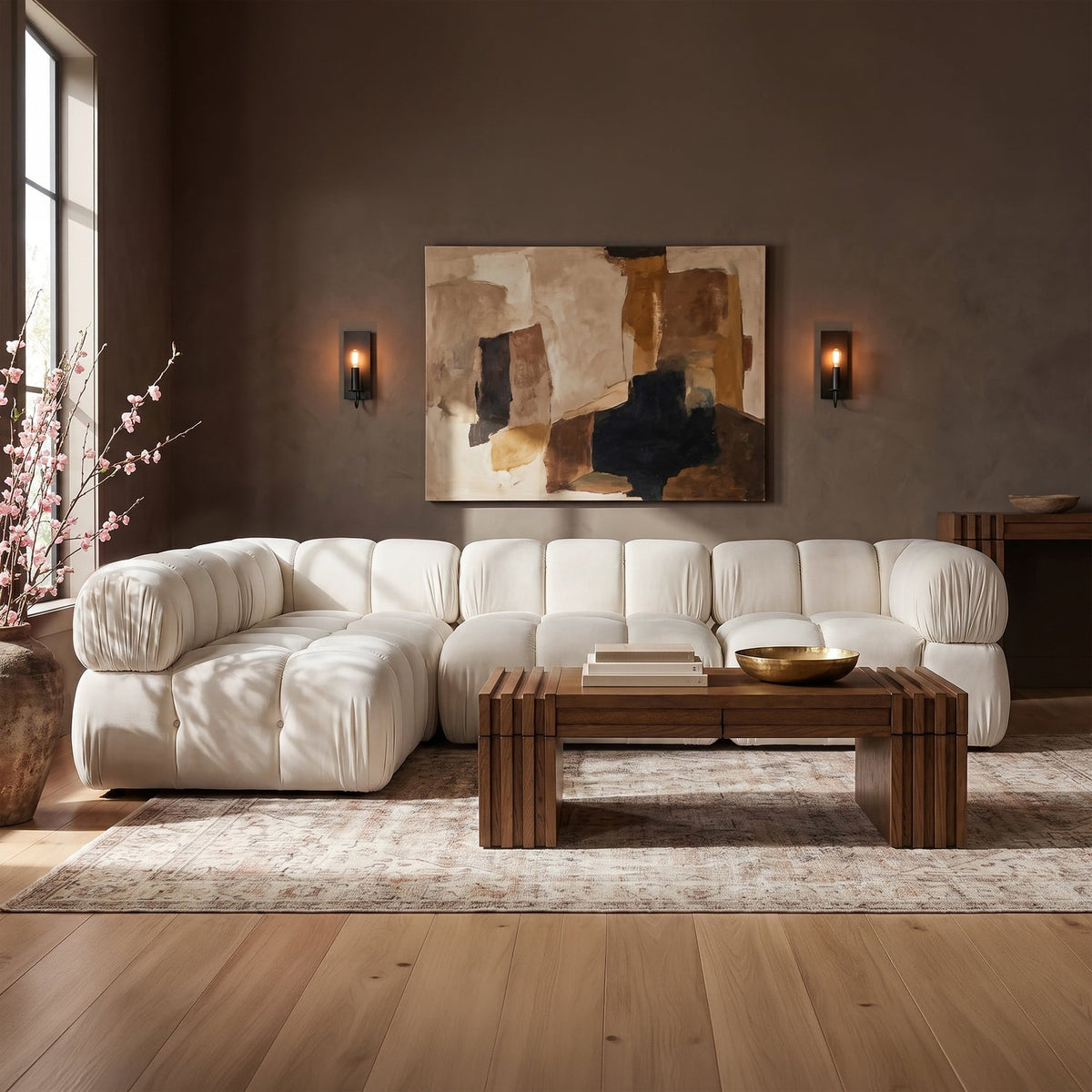 Orin Cream Velvet Performance Fabric Upholstered 4 Piece Modular Sectional Sofa