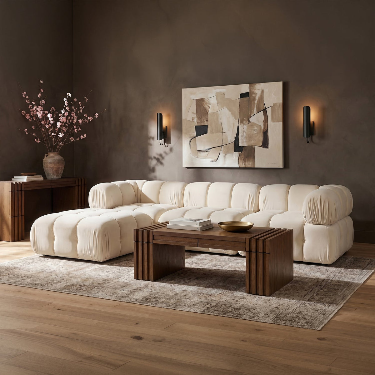 Orin Cream Velvet Performance Fabric Upholstered 4 Piece Modular Sectional Sofa