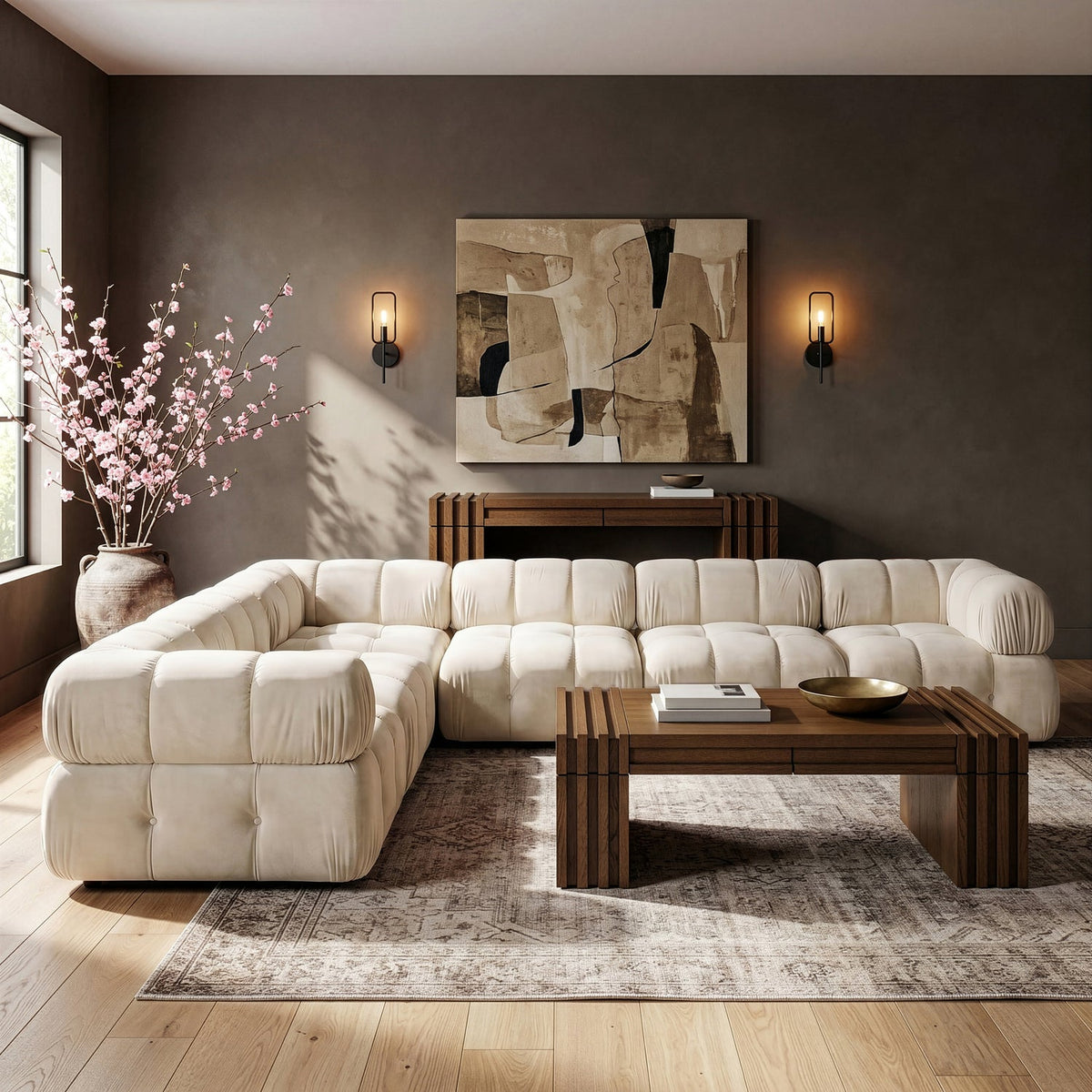 Orin Cream Velvet Performance Fabric Upholstered 6 Piece Modular Sectional Sofa
