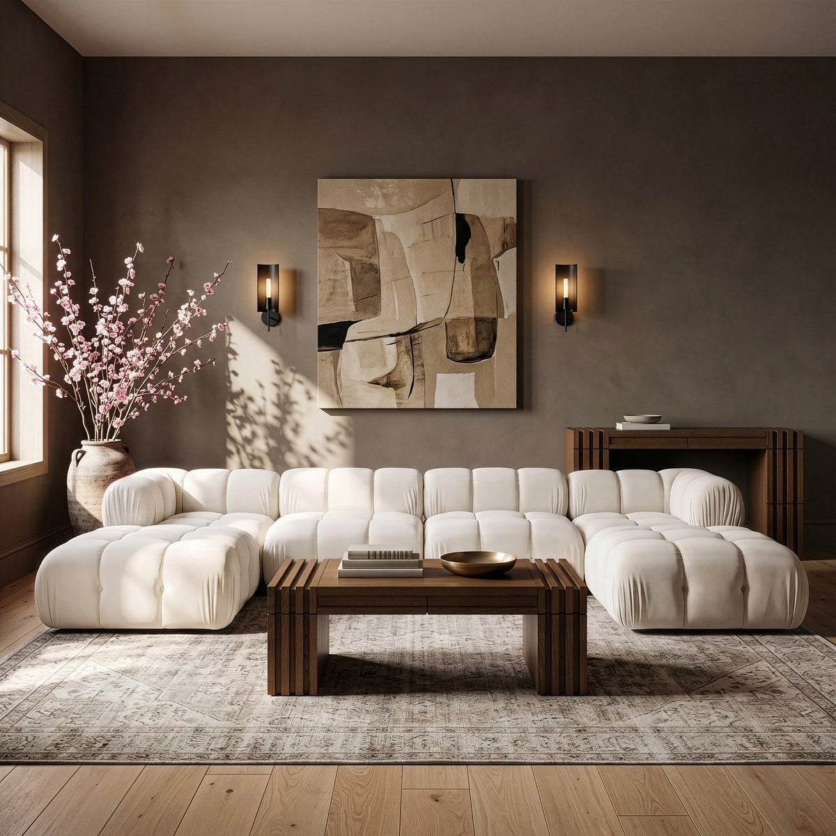 Orin Cream Velvet Performance Fabric Upholstered 6 Piece Modular Sectional Sofa