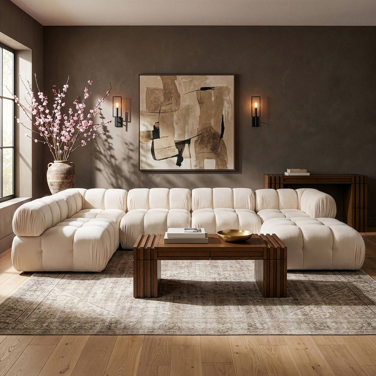 Orin Cream Velvet Performance Fabric Upholstered 6 Piece Modular Sectional Sofa