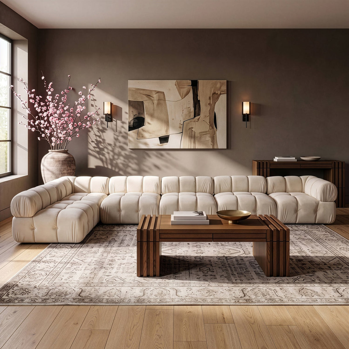 Orin Cream Velvet Performance Fabric Upholstered 6 Piece Modular Sectional Sofa