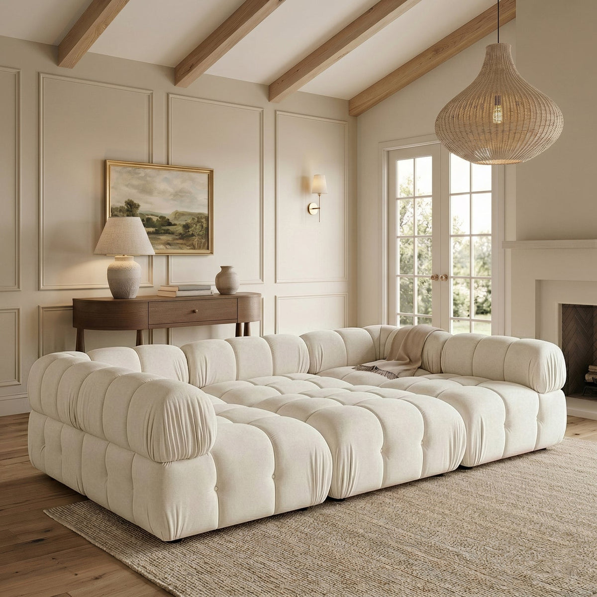 Orin Cream Velvet Performance Fabric Upholstered 6 Piece Modular Sectional Sofa
