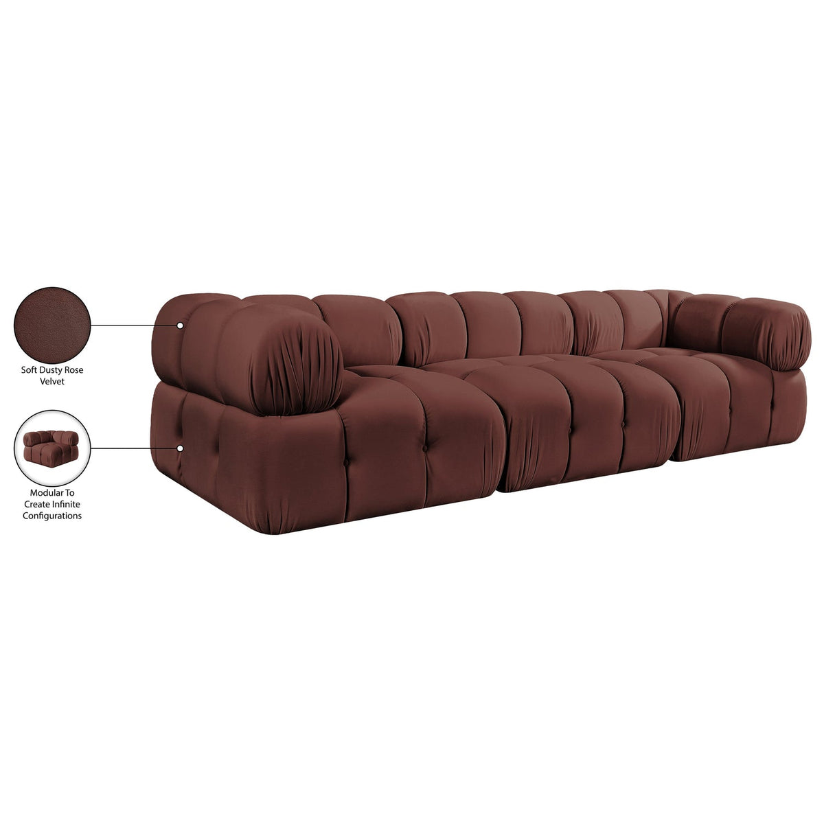 Orin Rose Velvet Performance Fabric Upholstered 3 Piece Modular Sofa