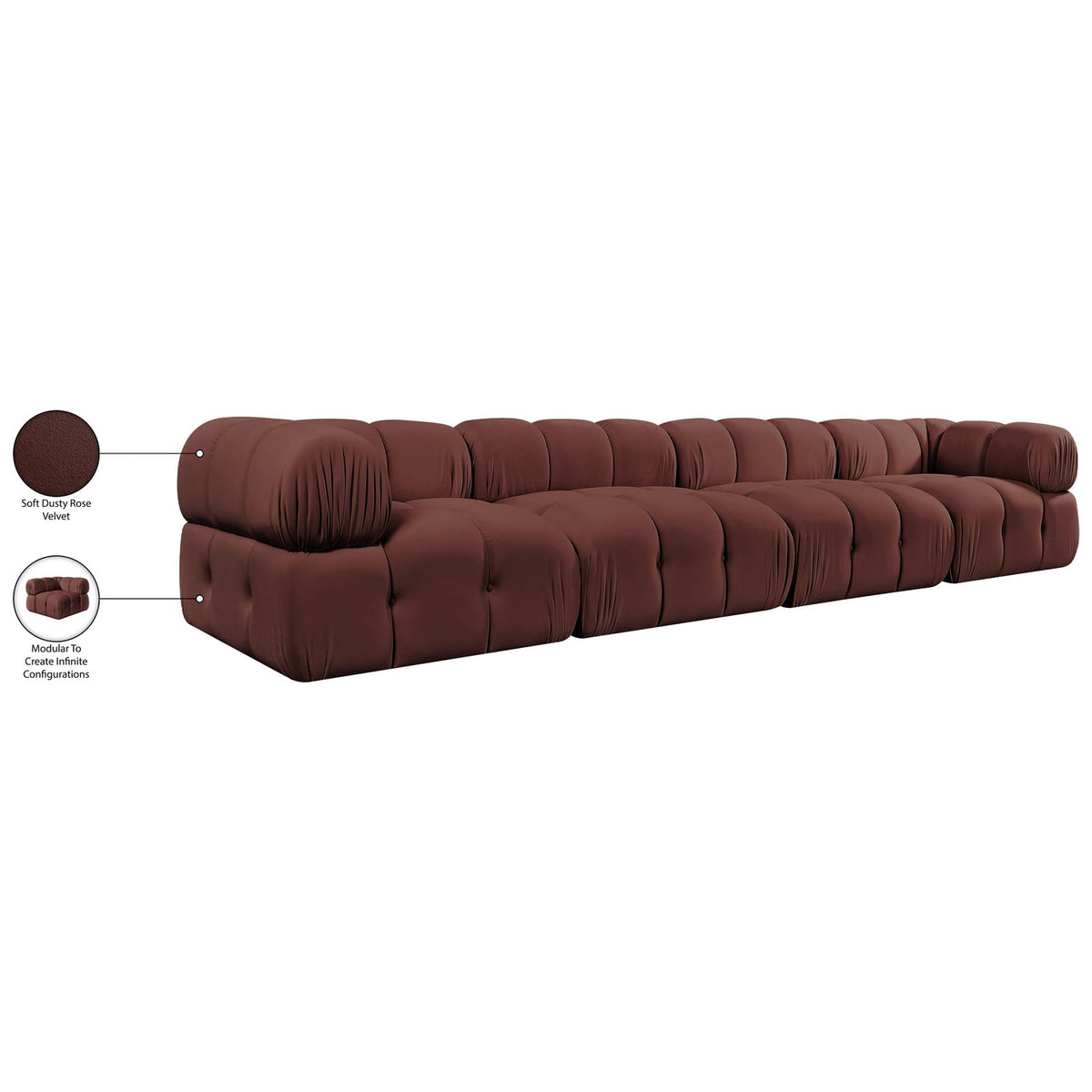 Orin Rose Velvet Performance Fabric Upholstered 4 Piece Modular Sofa